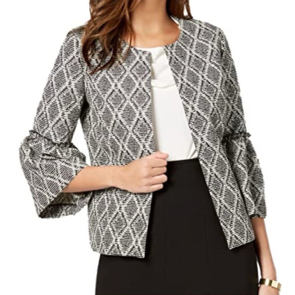 Kasper Suit Jacket Blazer 16 Black White Diamond Classic Open Stretch - Picture 8 of 14